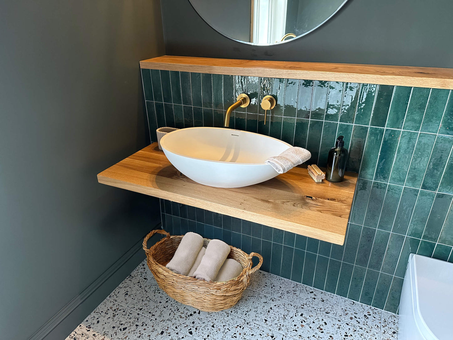 Bathroom Oak Basin Shelf - Sink Shelf 45cm Deep - Square Edge