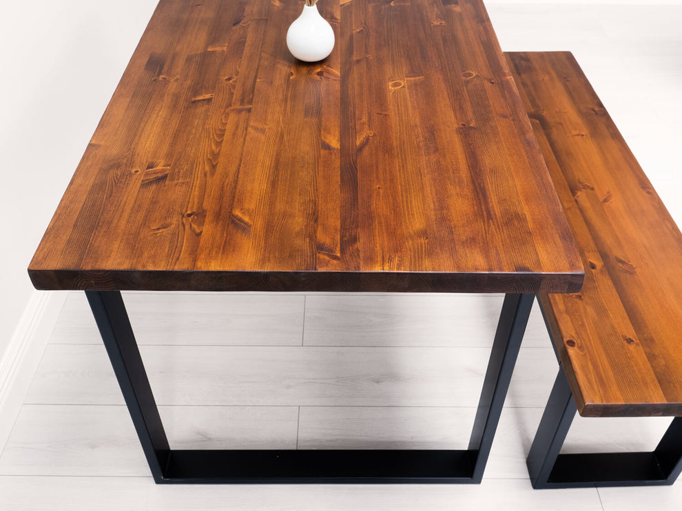 Redwood Dining Table - Metal Frame Base - Traditional Beams