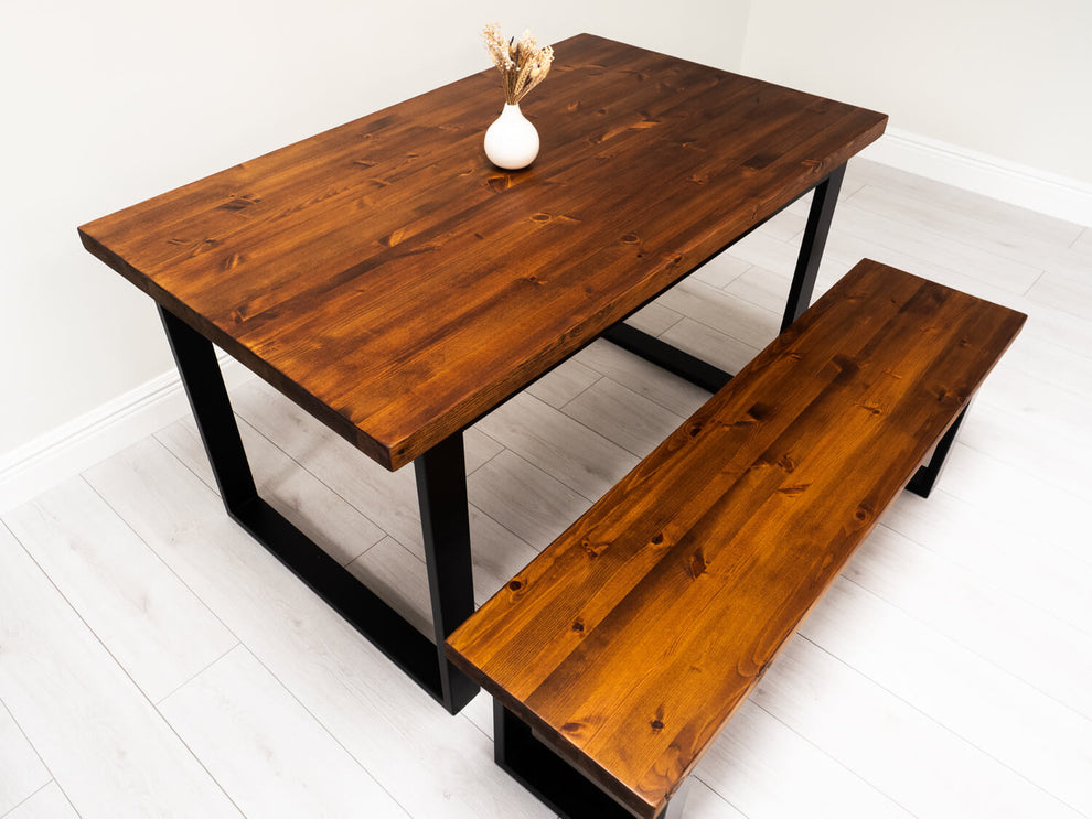 Redwood Dining Table - Metal Frame Base - Traditional Beams