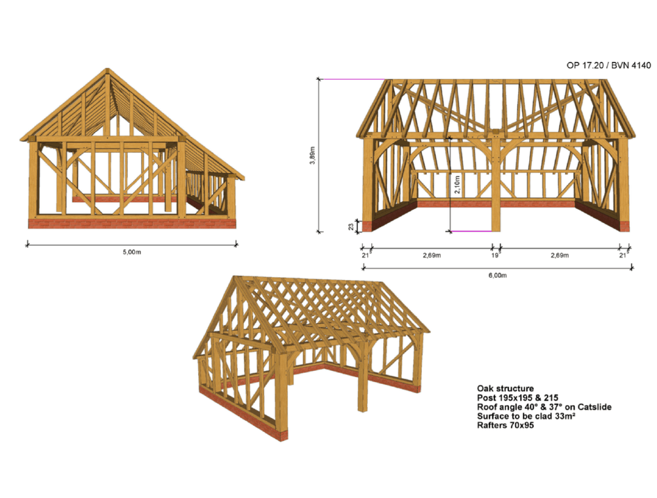 Oak Framed Garage Kit D02 - 2 Bay Gable End & Catslide