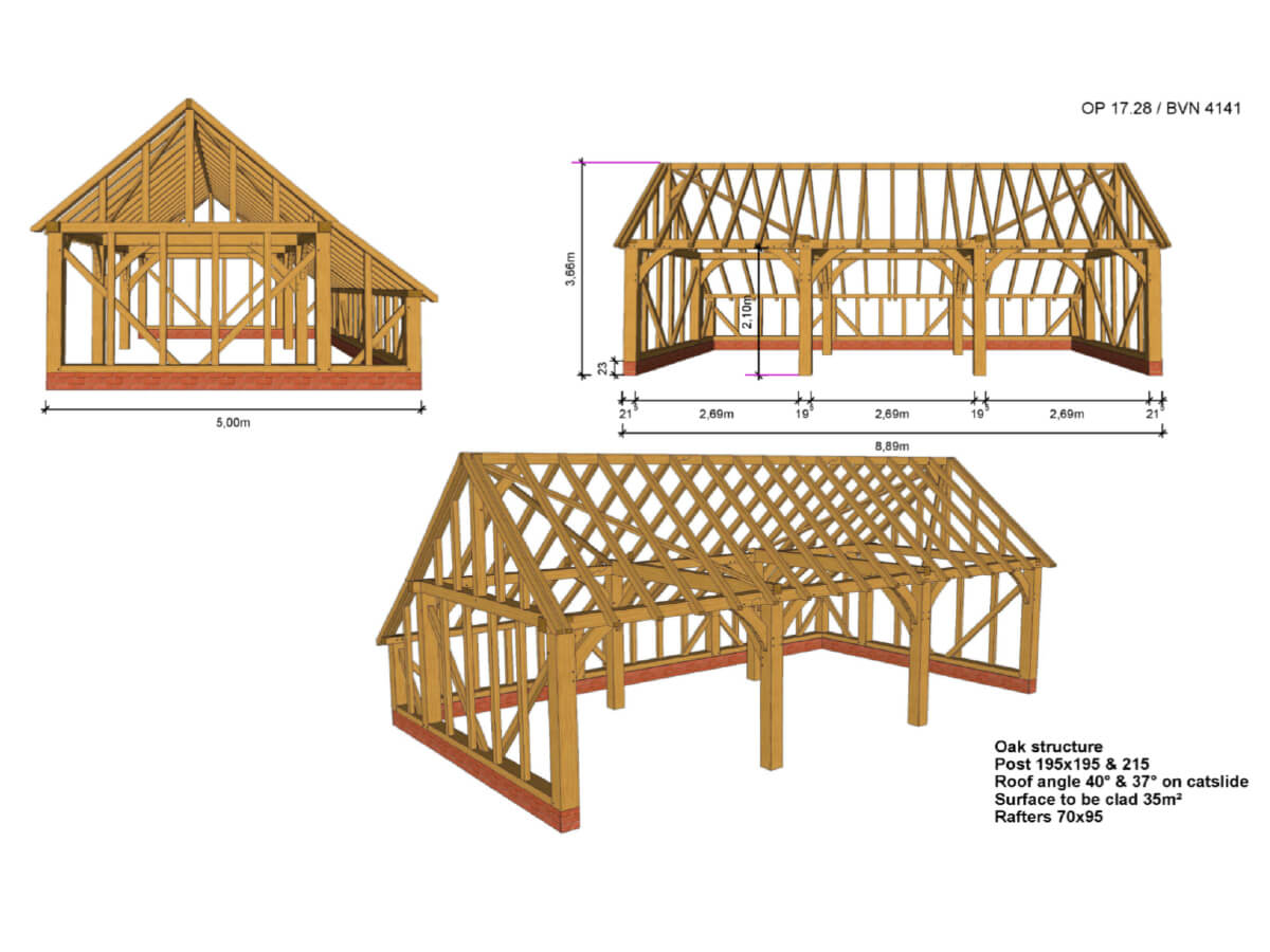 Oak Framed Garage Kit D03 - 3 Bay Gable End & Catslide