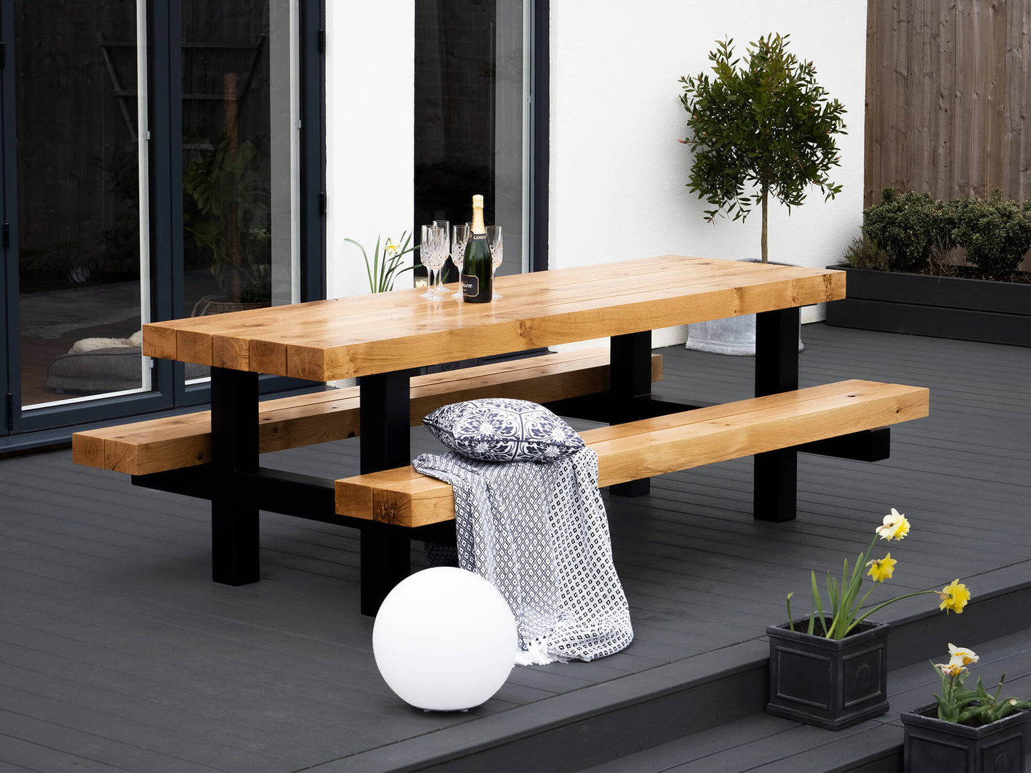 Outdoor Dining Table - Oak Beam and Steel - Oiled