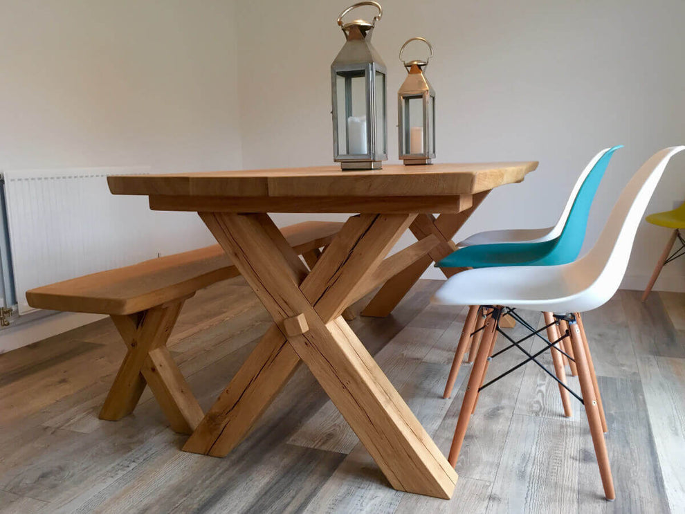 Solid Oak Cross Leg Dining Table 152cm (5ft approx.) / Yes / Square Edge Traditional Beams